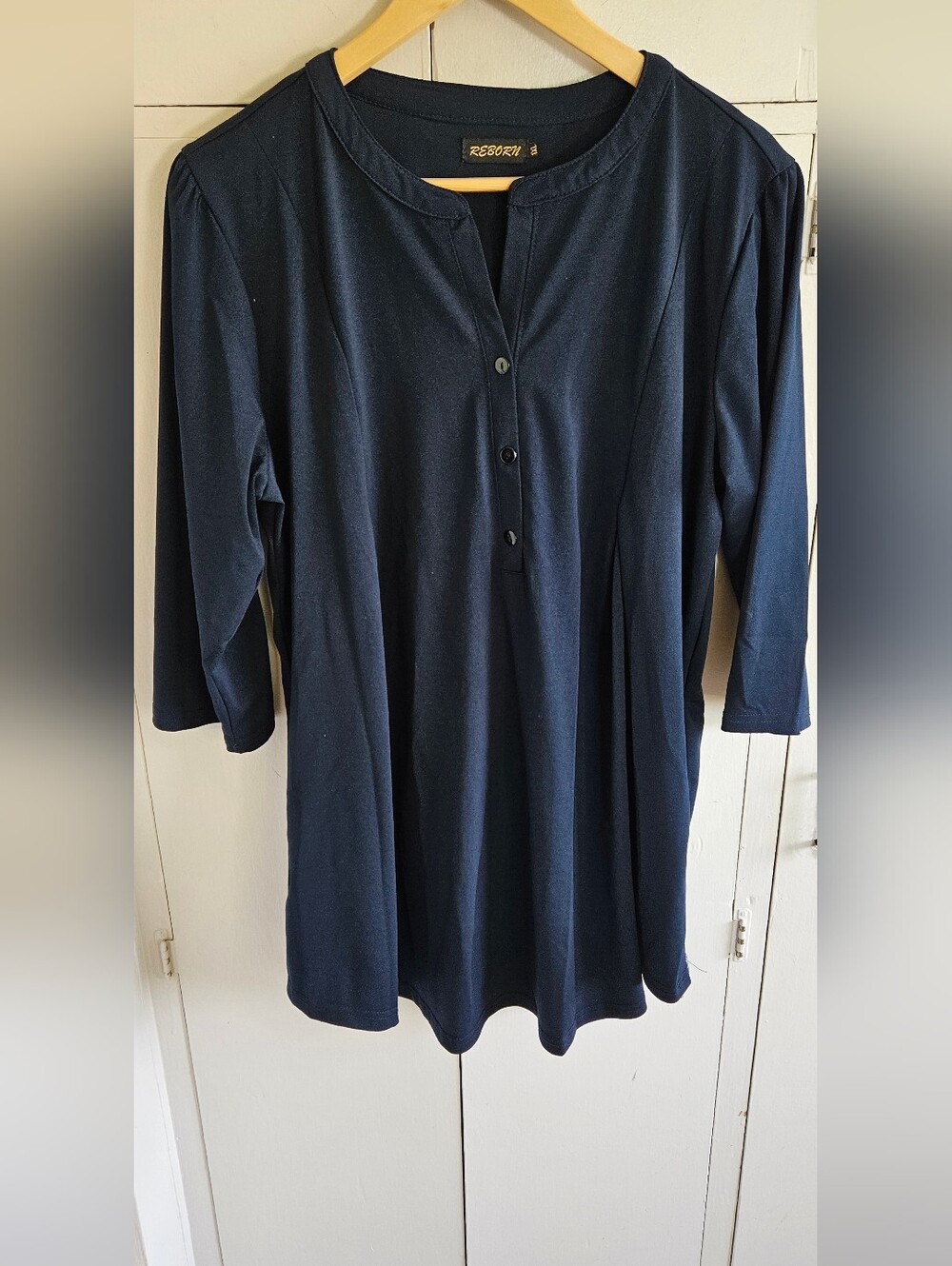 Reborn Navy Blue 3/4 Sleeve Button Front Tunic Size 1XL